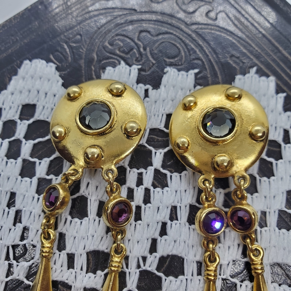 Ben-Amun Gold Drop Earrings with Purple and Black Stones